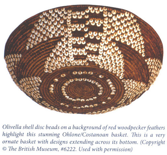 Olivella shell disc beads on a background of red woodpecker feathers highlights this stunning Ohlone/Costanon basket. This is a very ornate basket with designs extending across its bottom. (Copyright © The British Museum, #6222. Used with permission)