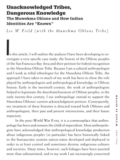 Unacknowledged Tribes, Dangerous Knowledge The Muwekma Ohlone and How Indian Identities